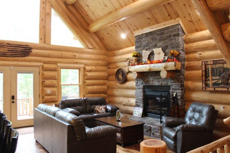 Stone fireplace and seating area in the great room