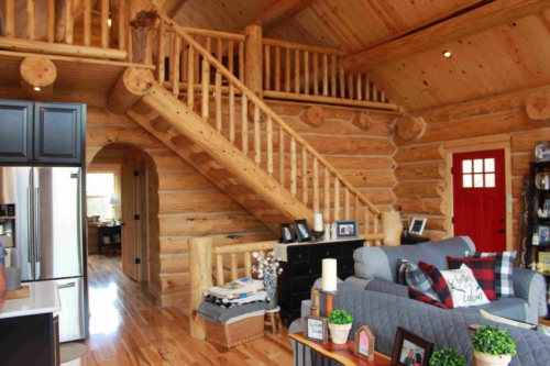 Log stair and loft overlook above the Pearce great room