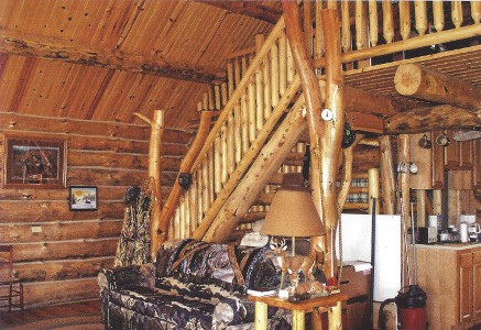Log staircase and living area inside the Herring