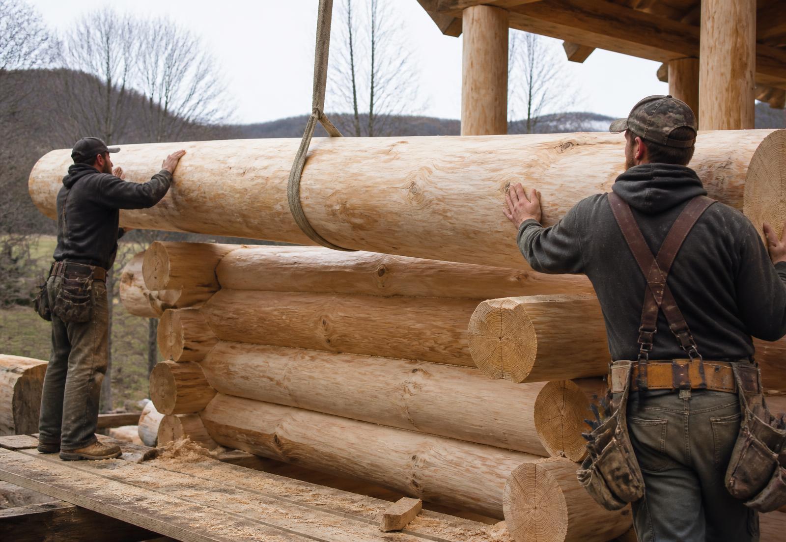 Craftsmen fitting a massive pine log into a log home wall