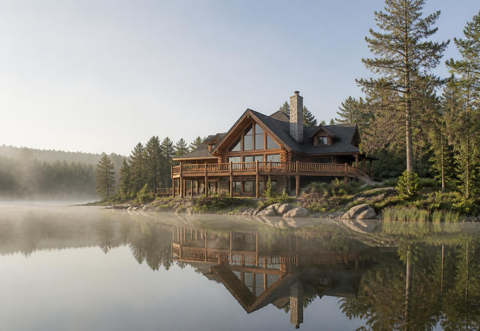 Custom handcrafted log home on a lake shore at sunrise